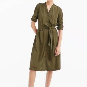 J. Crew Long Sleeve Belted Button Up Dress with Pockets in Olive Green, XS to M